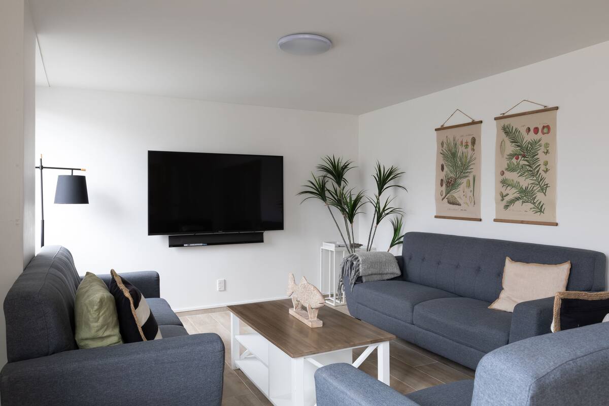 A modern living room with a grey sofa, a wooden coffee table, and a flat-screen TV mounted on the wall. There are two potted plants and a framed botanical print on the wall.