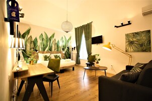 Minibar, desk, laptop workspace, blackout curtains