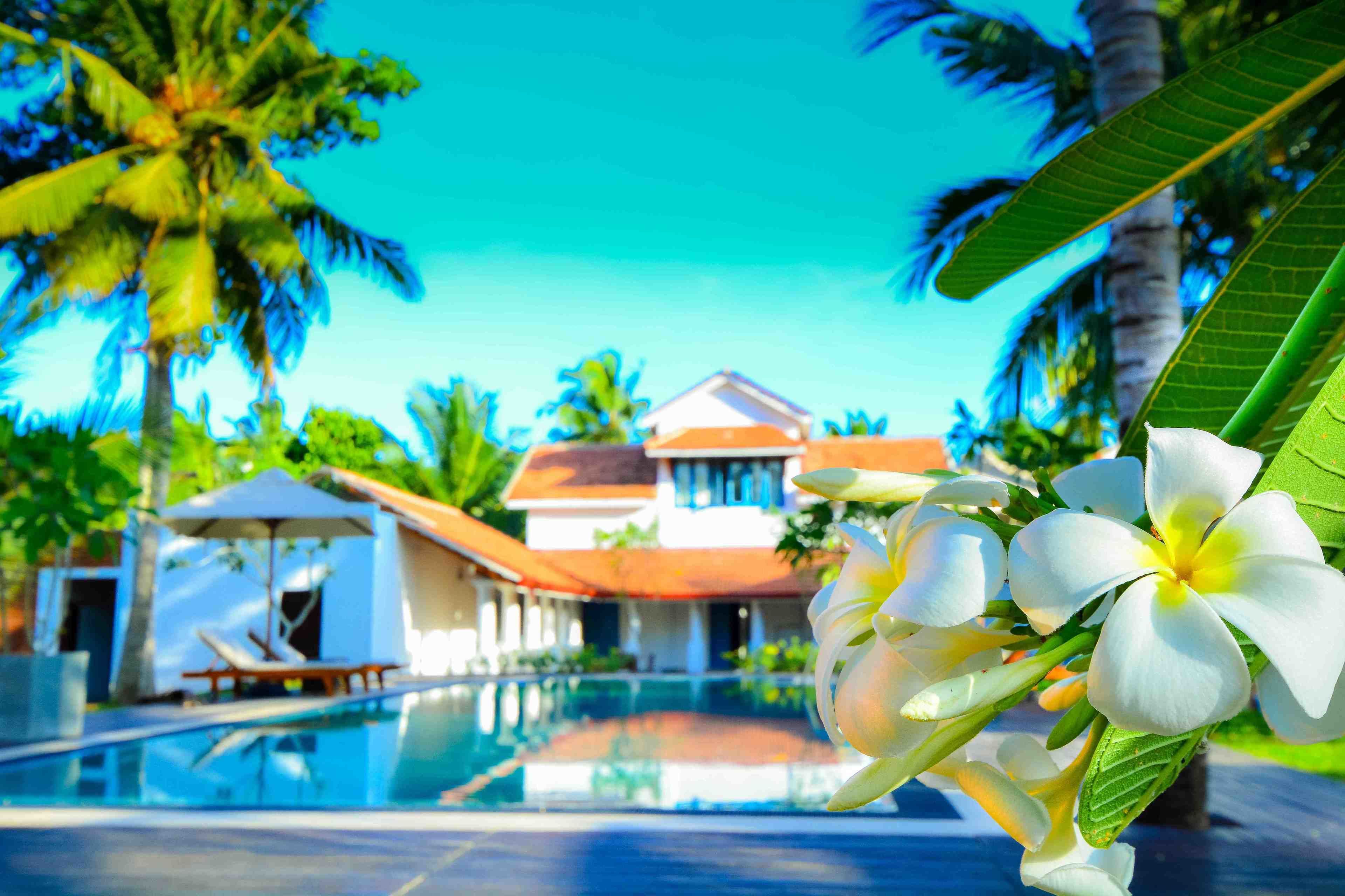 A poolside view of a resort with a clear blue sky, palm trees, and a building with a red roof.