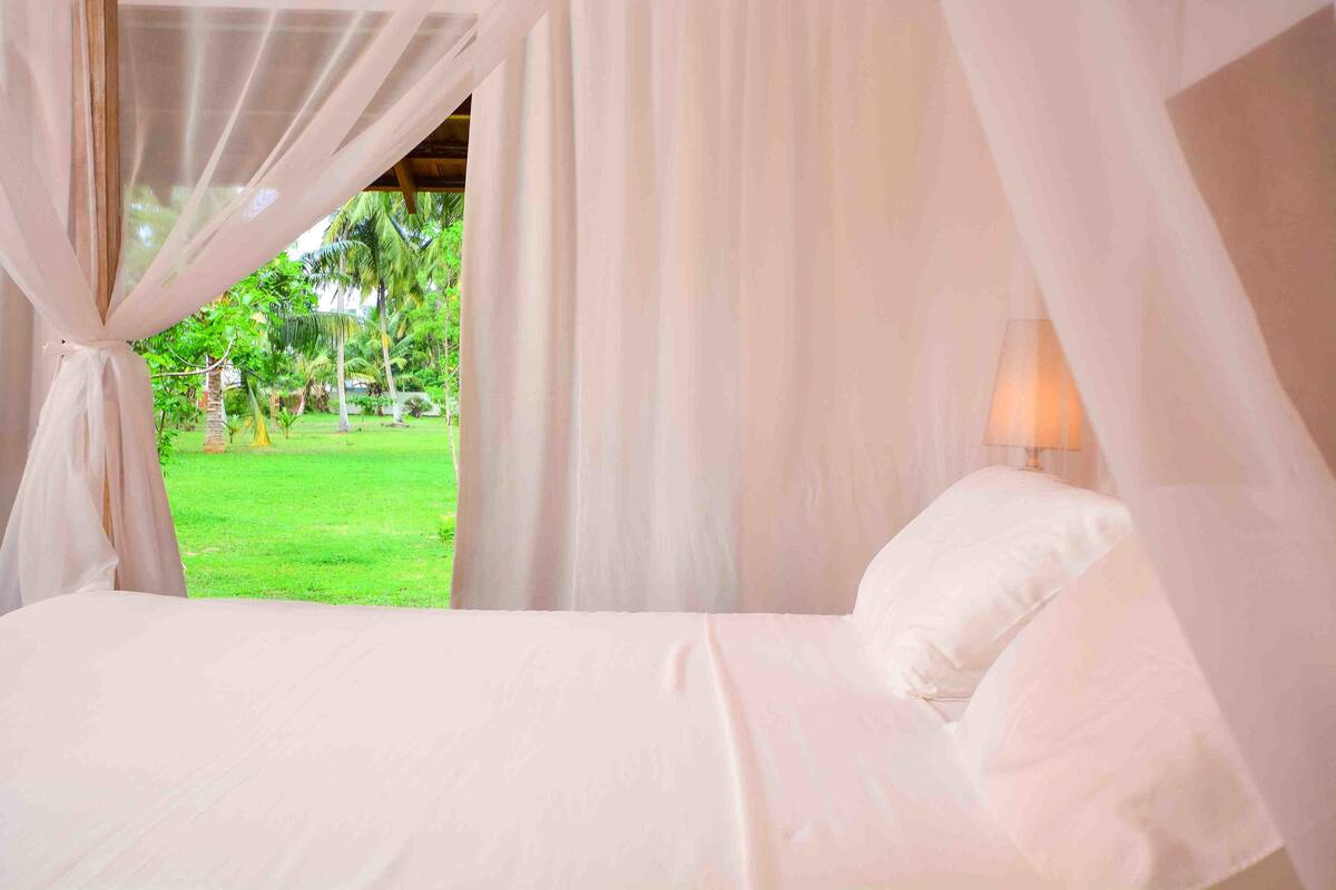 A bed with white linens and sheer curtains, a bedside lamp, and a view of a green lawn and trees.