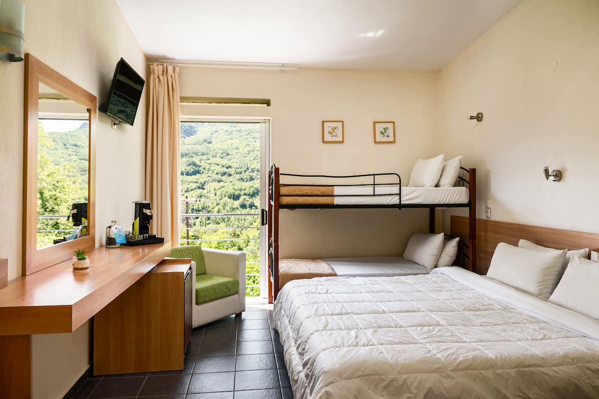 Une chambre avec un lit superposé, un bureau avec un miroir et une vue sur une zone boisée.