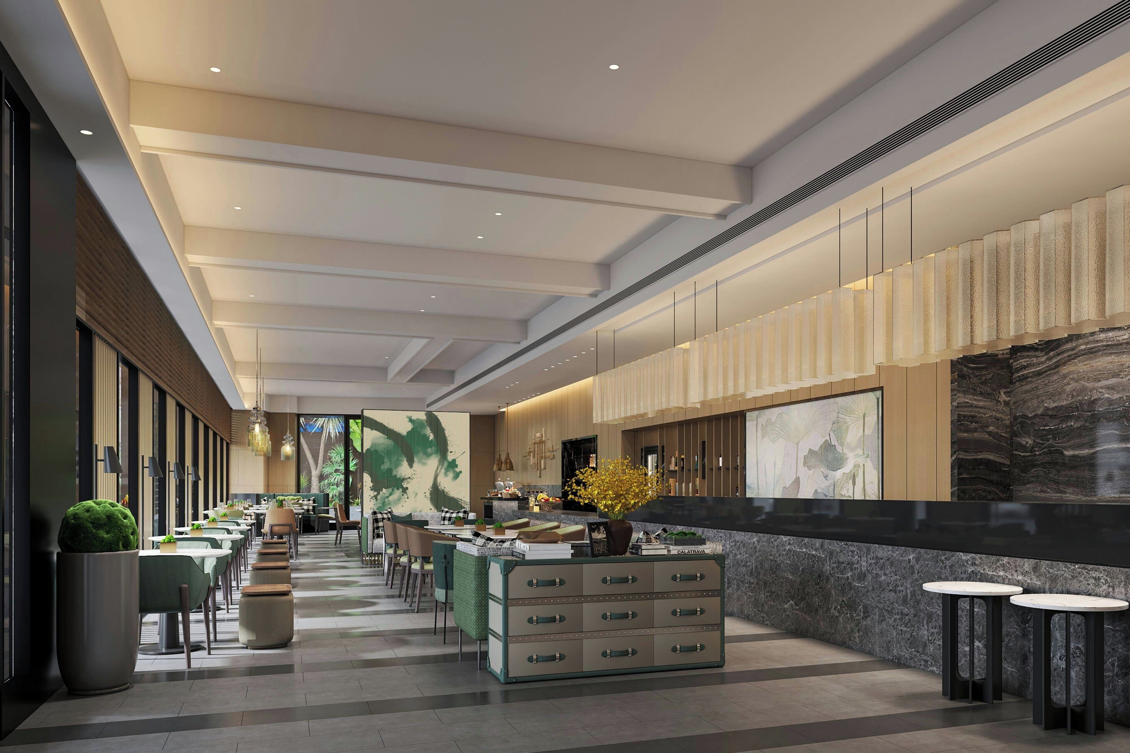 A modern hotel lobby with a long reception desk, seating area, and a large mural on the wall.