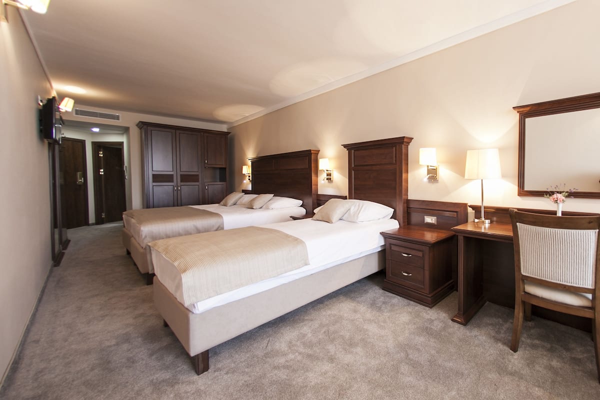 A hotel room with two beds, a desk, a chair, a wardrobe, and a mirror.