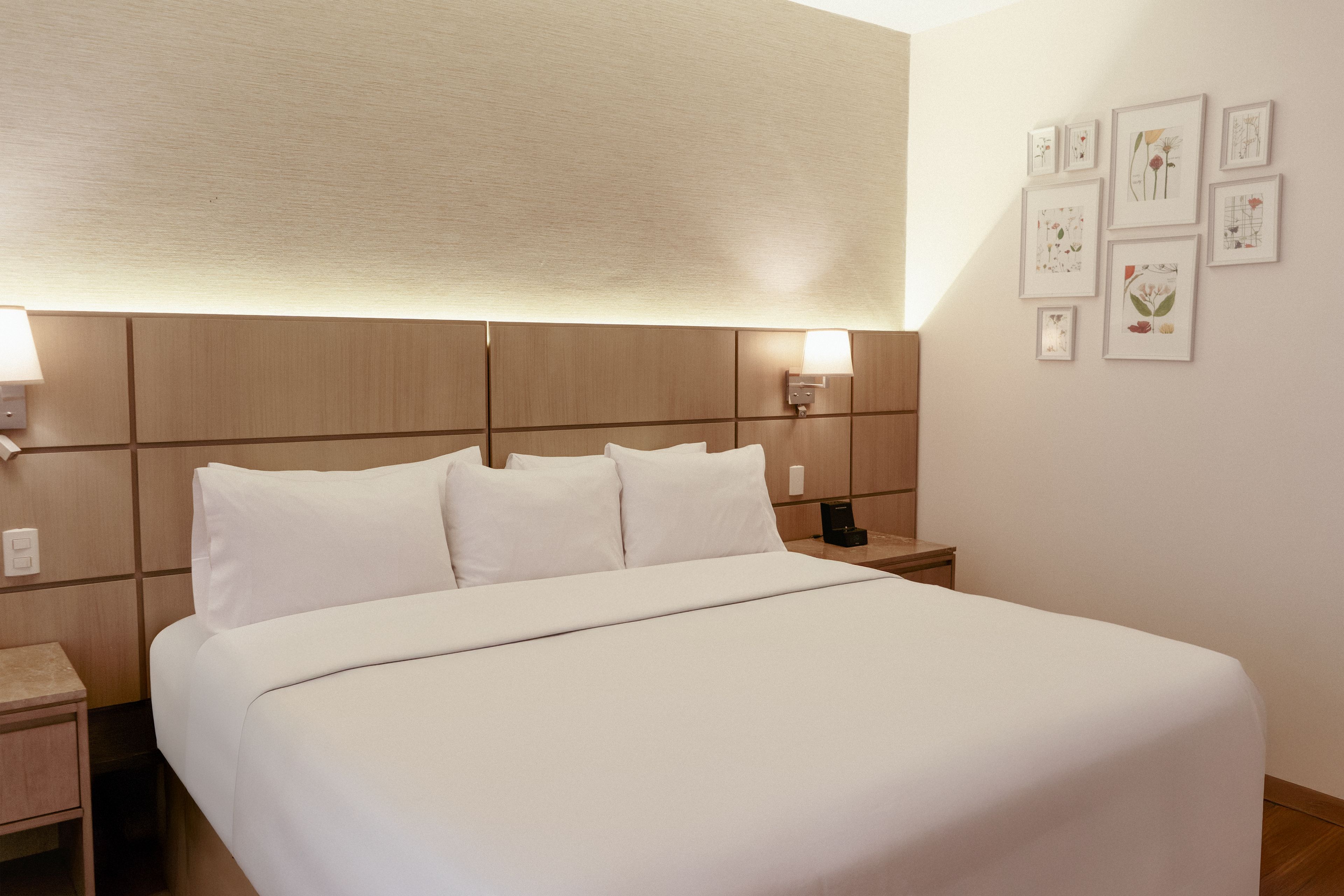 Hotellihuone, jossa on suuri sänky, kaksi yöpöytää, seinään kiinnitetty valaisin ja useita kehystettyjä kasvitaiuluja.