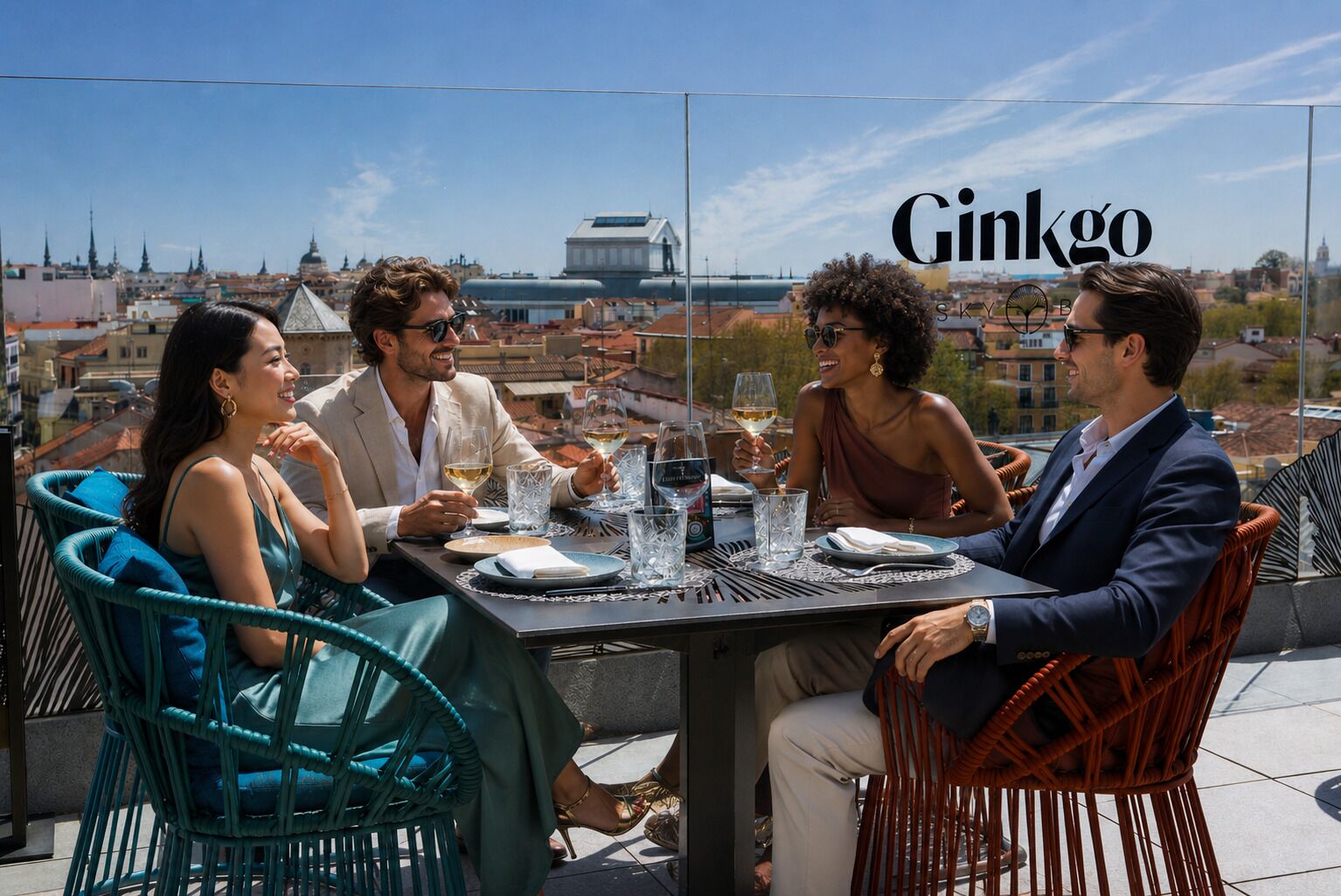 A group of people dining outdoors with a cityscape in the background.