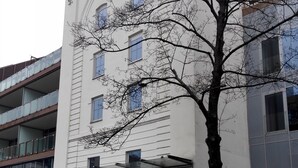 Un edificio con varias ventanas y un árbol en primer plano. Se observa una escalera que conduce a la entrada.