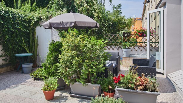 Une terrasse avec des meubles d’extérieur, des plantes en pot et un parasol gris.