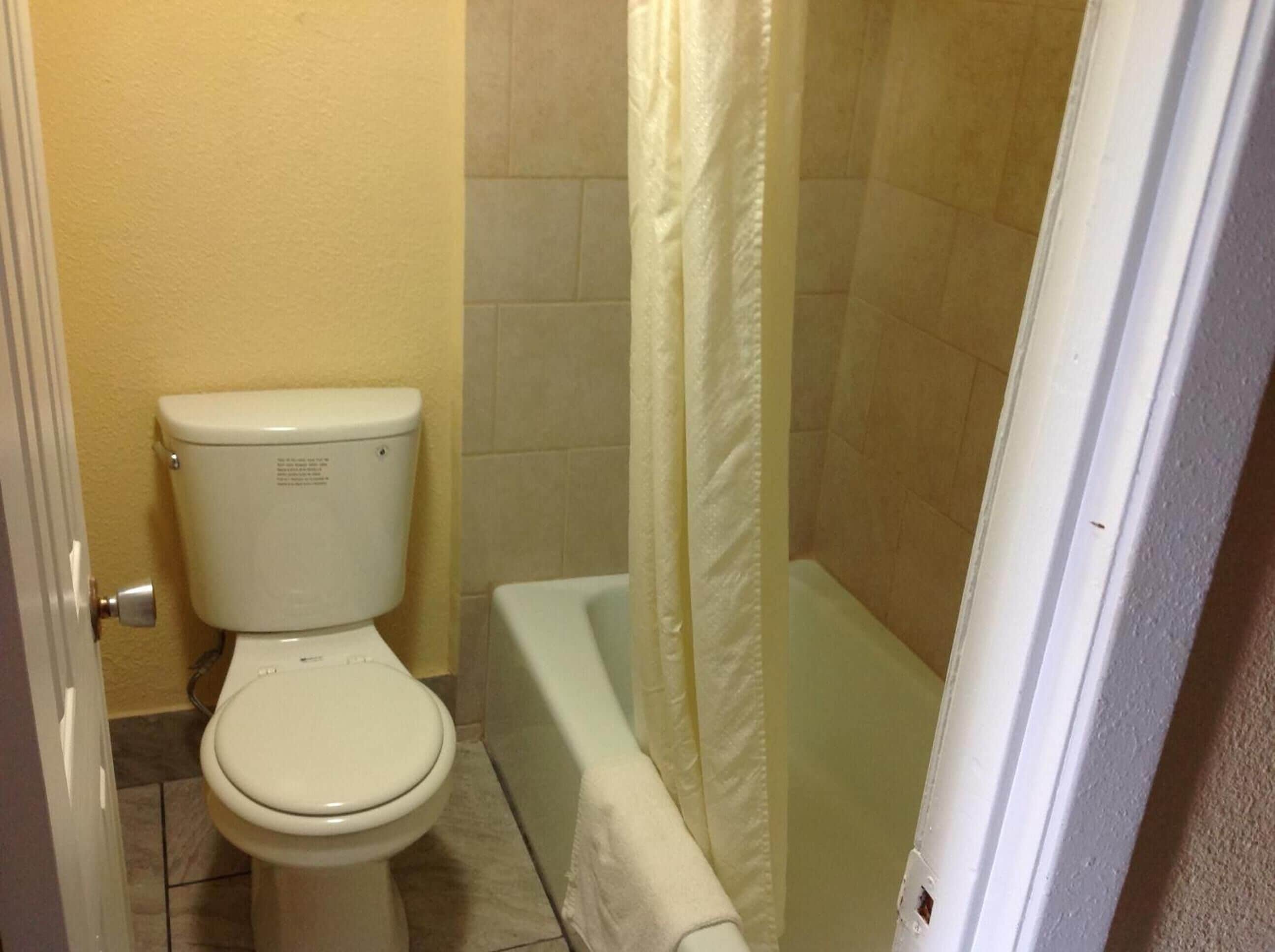 Ein Badezimmer mit Toilette, Badewanne und Duschvorhang.