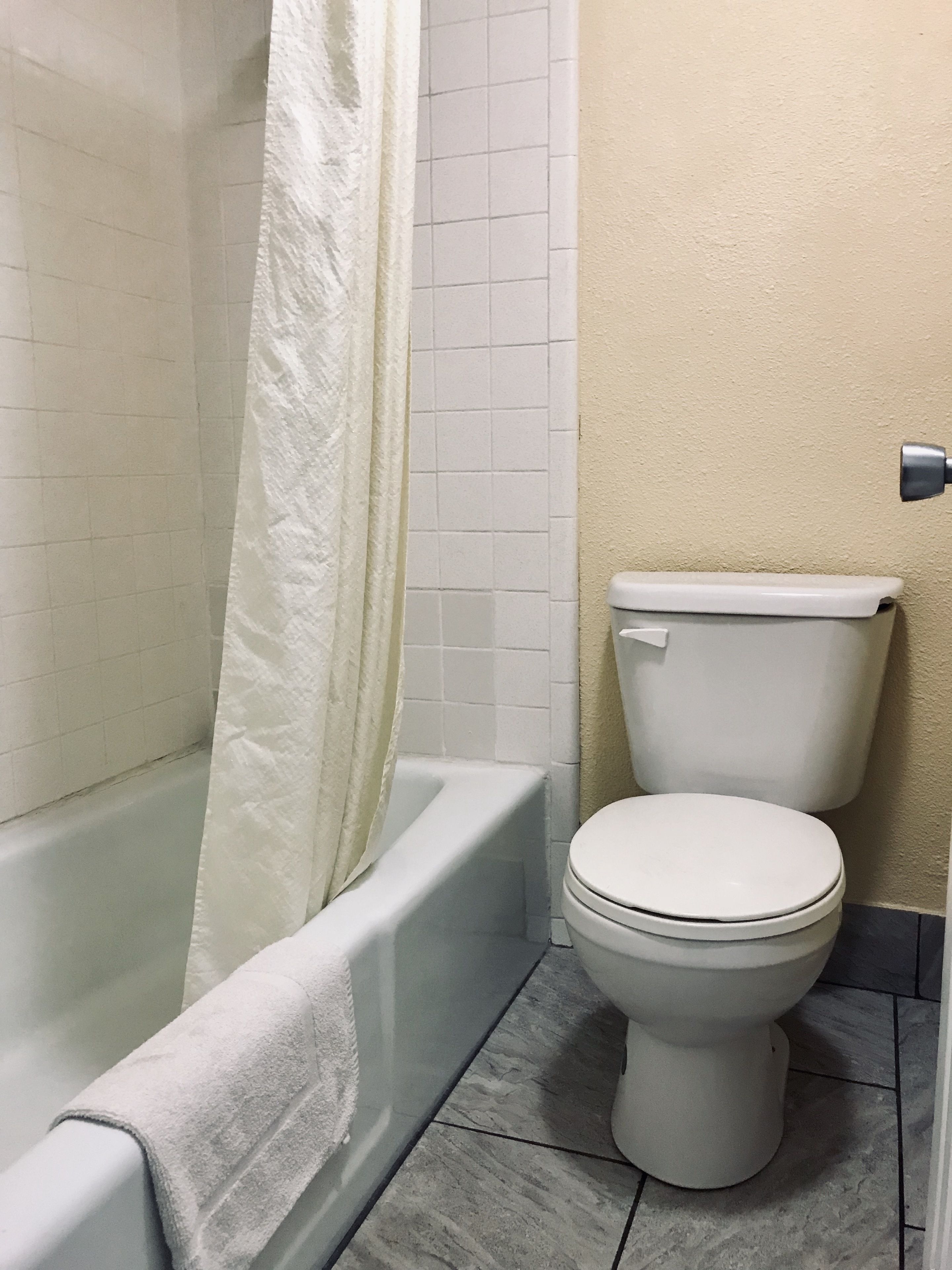 A bathroom with a bathtub, toilet, and a shower curtain.