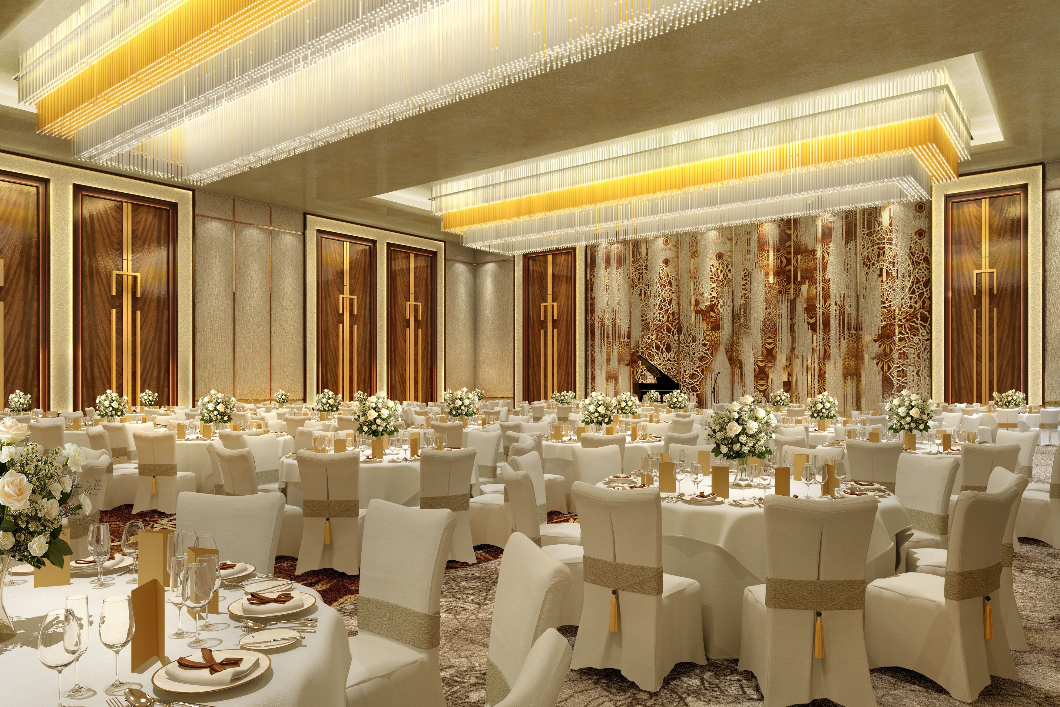 A spacious banquet hall with round tables, white chairs, and floral centerpieces.