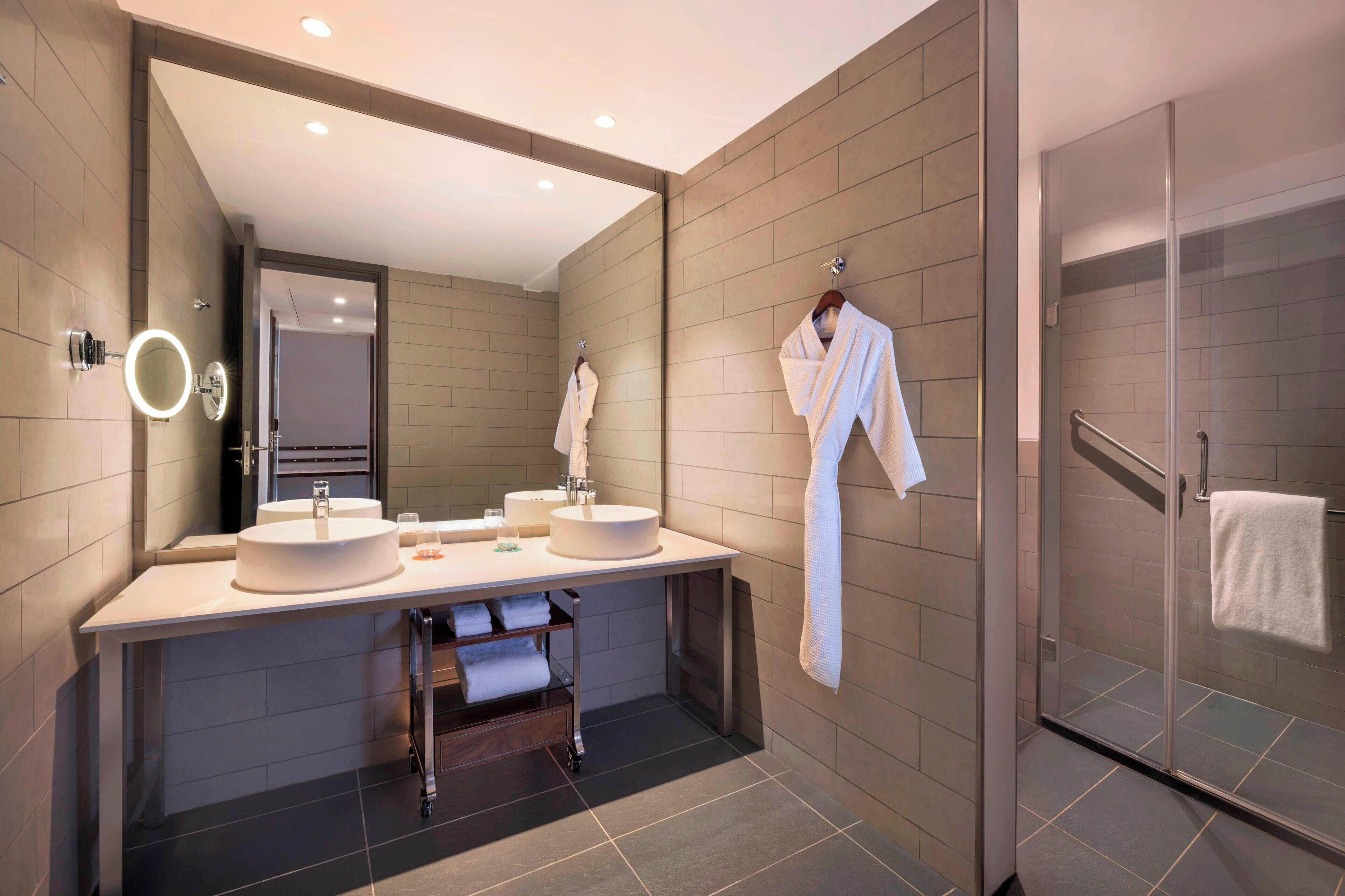 shower, designer toiletries, hair dryer