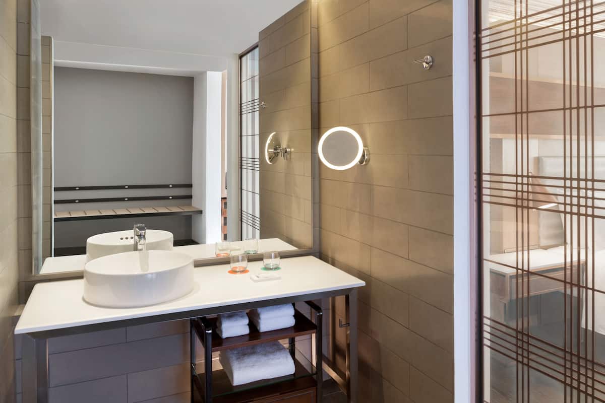 shower, designer toiletries, hair dryer