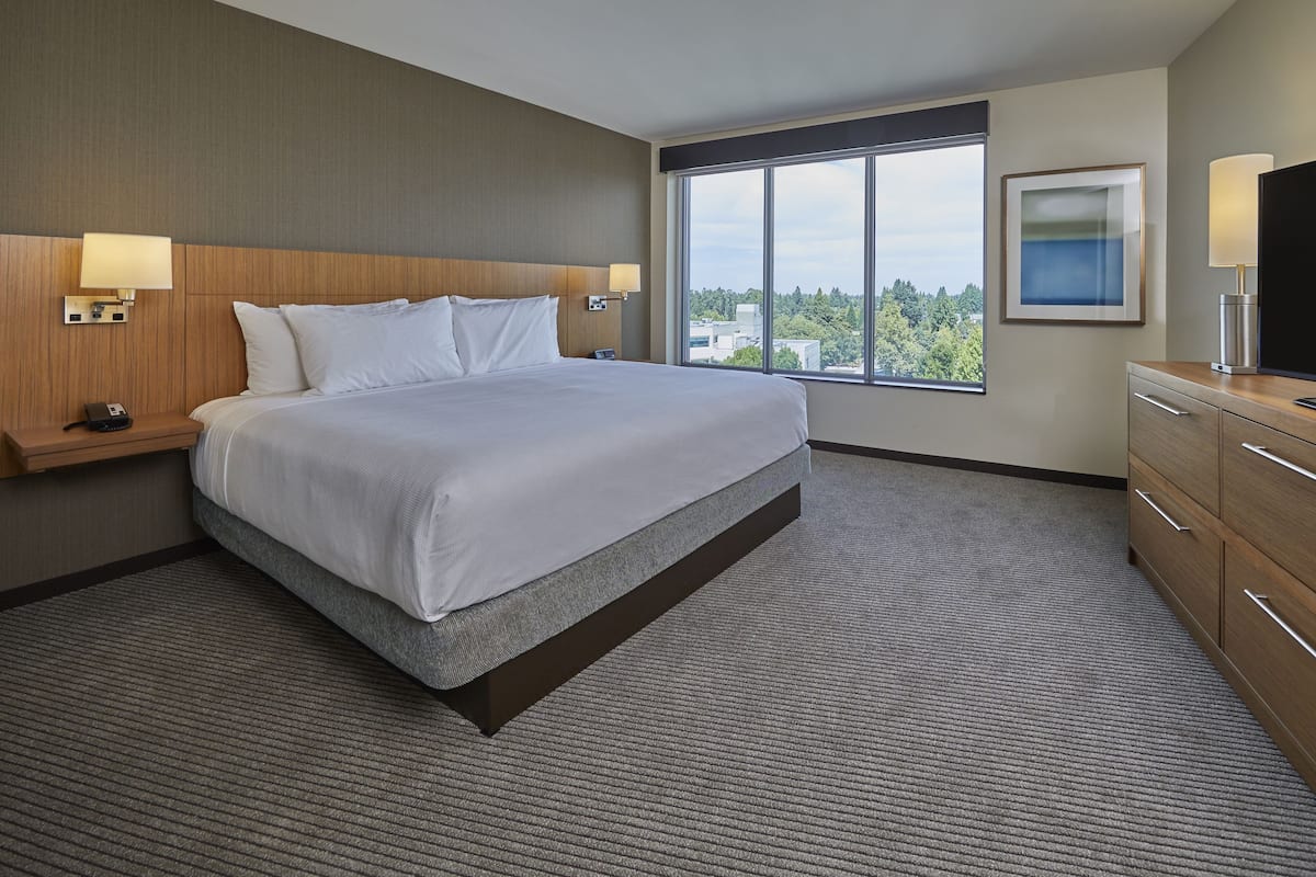 A hotel room with a large bed, a flat-screen TV, a wooden dresser, and a window with a city view.