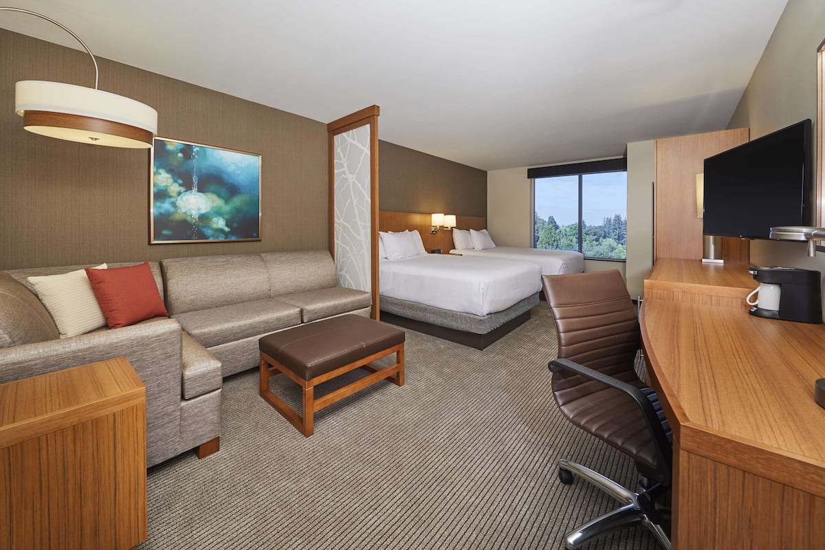 desk, laptop workspace, blackout curtains, iron/ironing board