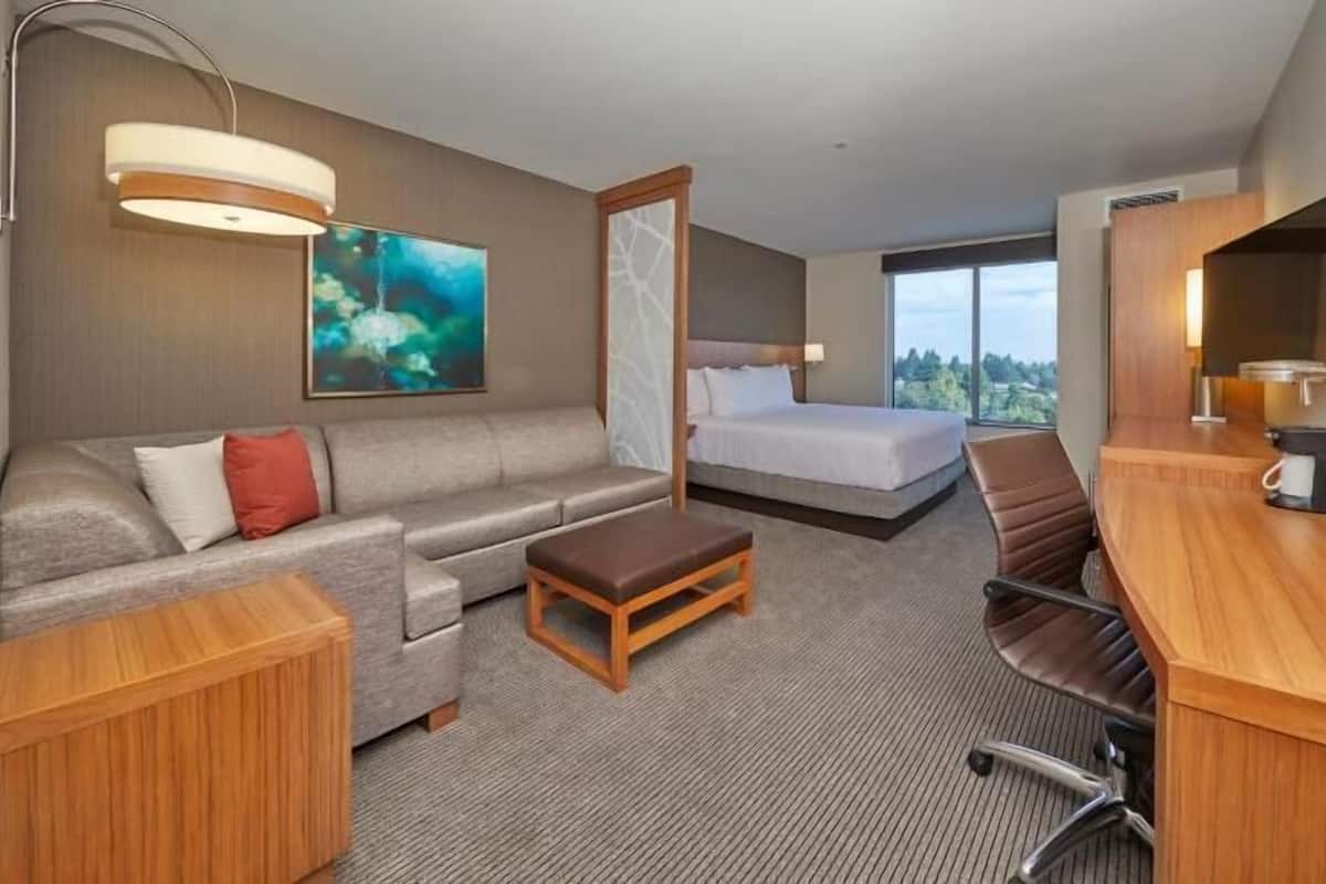 A hotel room with a bed, a sofa, a desk, a chair, a coffee machine, and a large window.