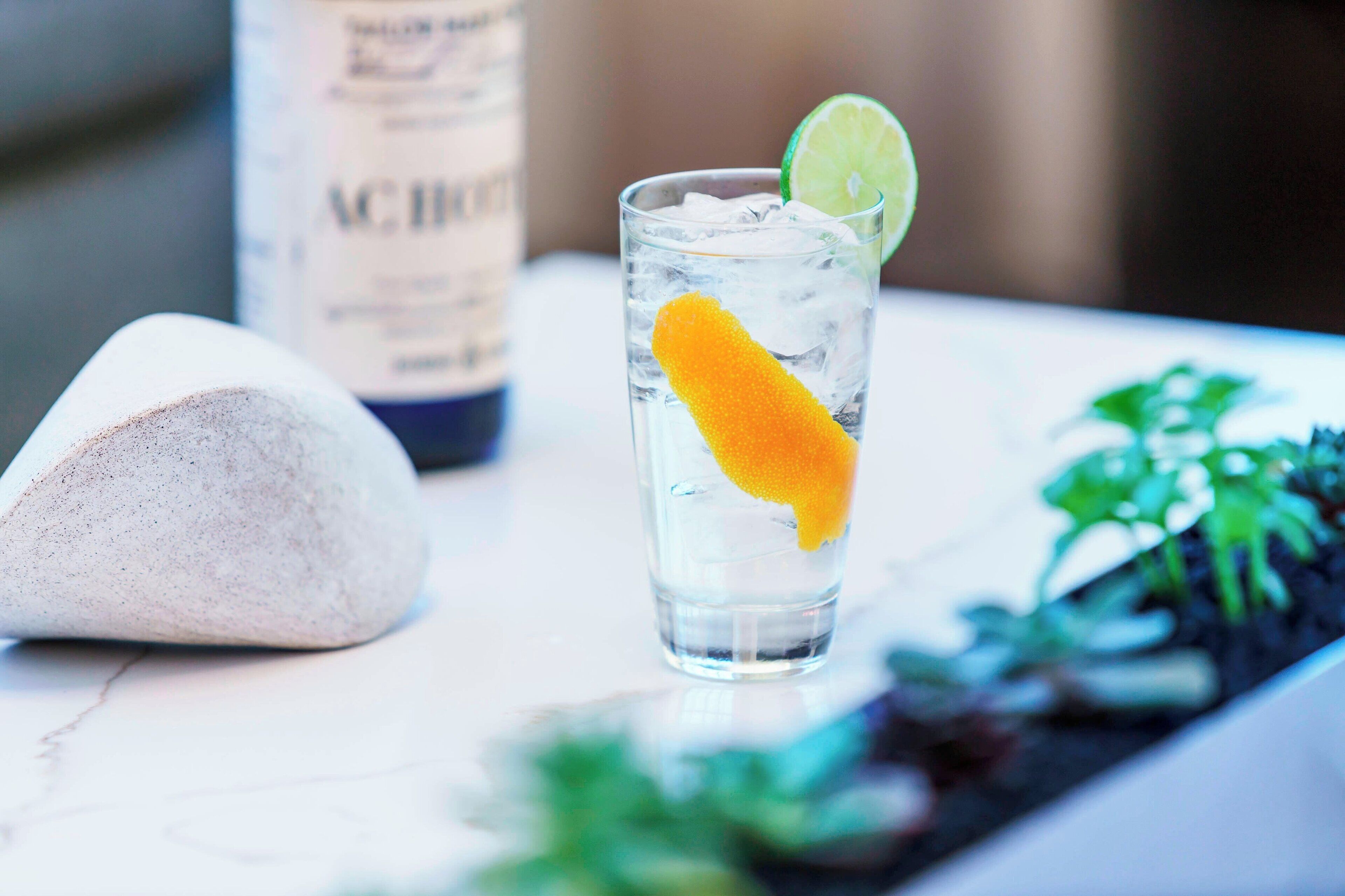 A glass of clear liquid with ice, a lime slice, and an orange peel garnish on a white surface.