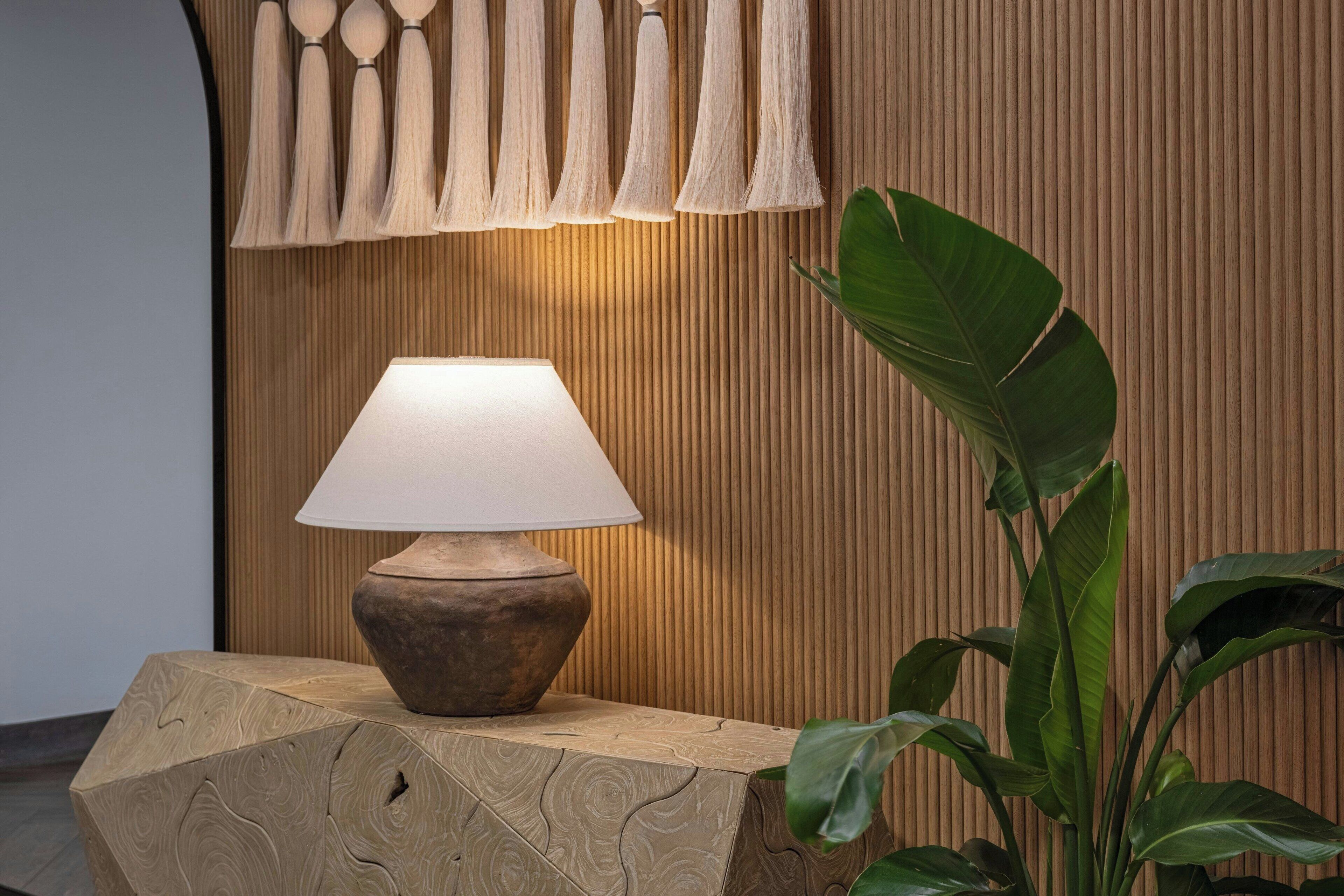 Une table en bois, avec une lampe et une plante.