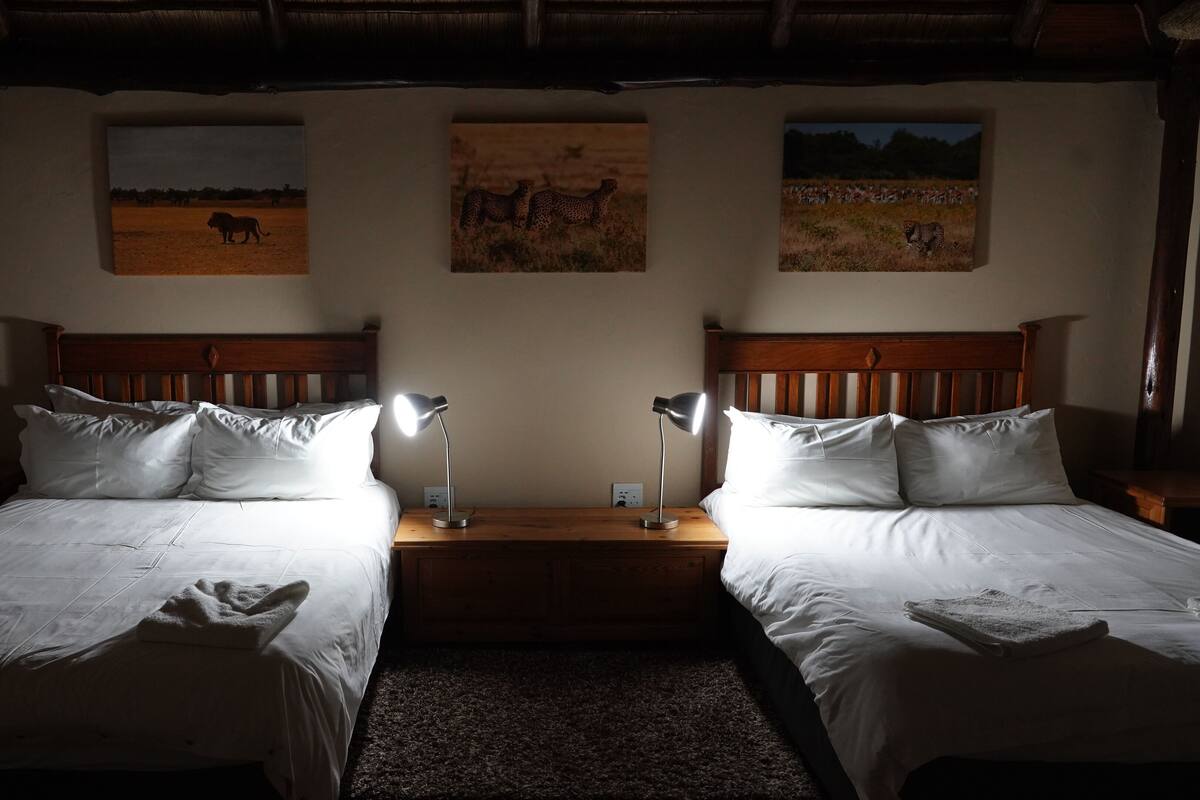 A room with two beds, each with white linens and pillows, a wooden headboard, and a nightstand with a lamp. There are three framed pictures on the wall depicting wildlife scenes.