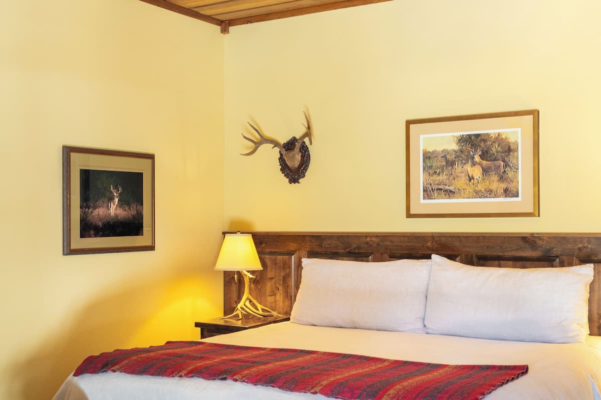 A bedroom with a wooden ceiling, a bed with white linens, a red and white patterned rug, a wooden bench, a nightstand with a lamp, and two framed pictures on the wall.
