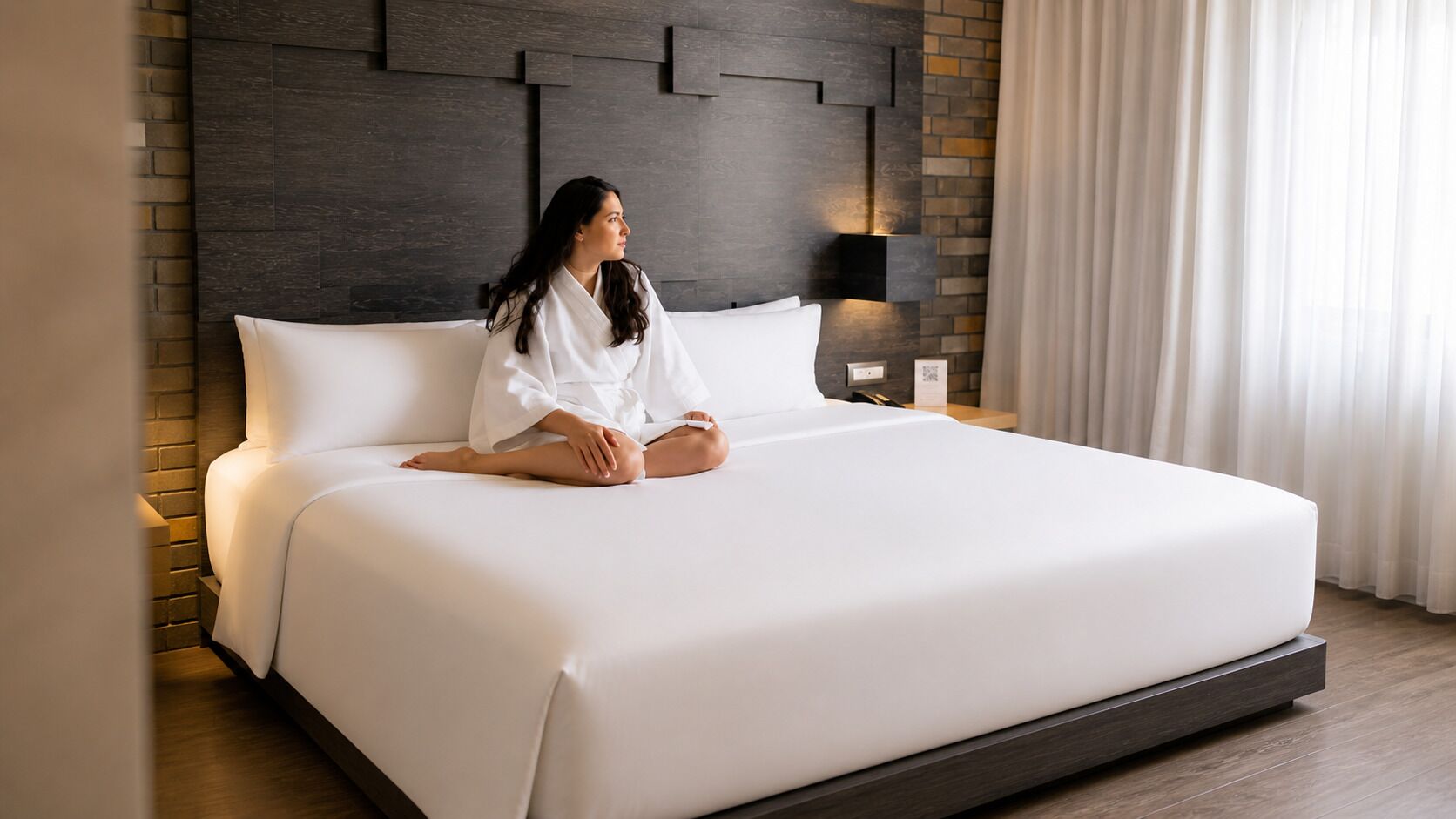 A hotel room with a large bed, a modern headboard, a nightstand with a lamp, and a view of the outdoors through a window with curtains.