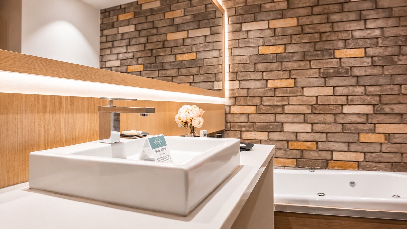 A modern bathroom with a white sink, a wooden vanity, a brick wall, and a bathtub.