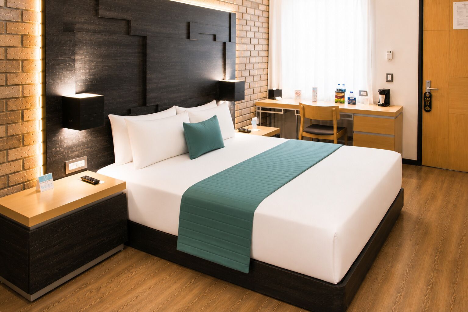 Una habitación de hotel con cama, mesitas de noche, escritorio y silla.