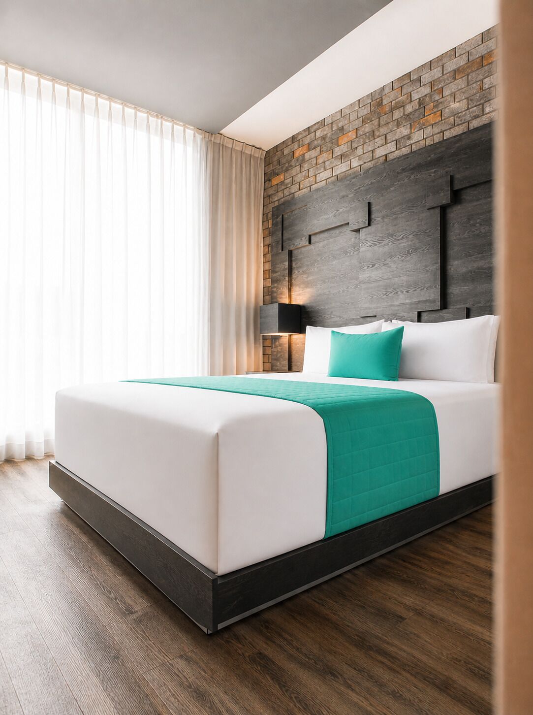 A modern hotel room with a large bed, a brick accent wall, and a wooden floor.