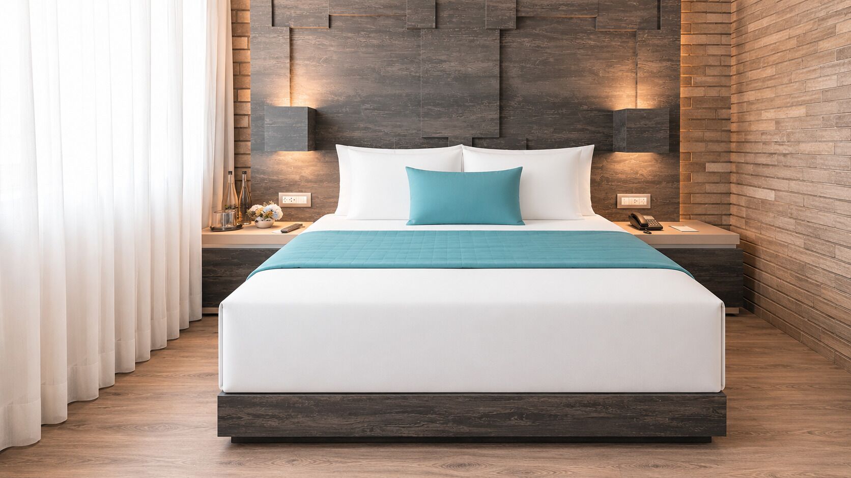A modern hotel room with a large bed, a wooden floor, and a brick accent wall.