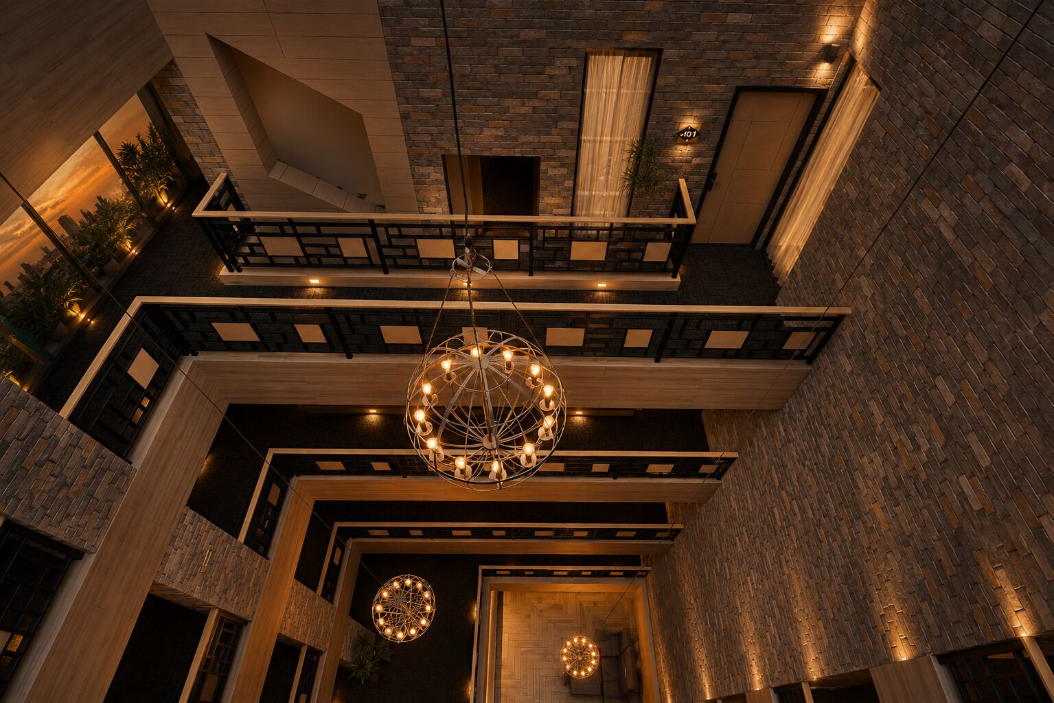 A multi-level interior with a central chandelier, wooden beams, and brick walls.