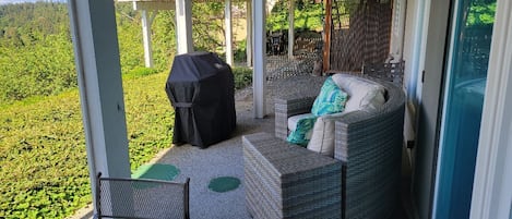 Een overdekt terras met een rieten bank en een barbecue, met uitzicht op een weelderig groen landschap.