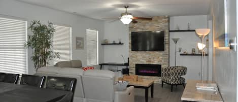 Smart TV, fireplace, video games, DVD player