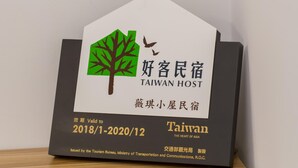A Taiwan Host sign with a tree and bird graphic, valid from 2018/1-2020/12, issued by the Tourism Bureau, Ministry of Transportation and Communications, R.O.C. - Vicky House (Hualien City)