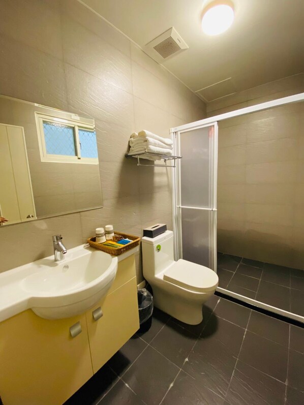 Une salle de bain avec un lavabo, des toilettes et une douche.