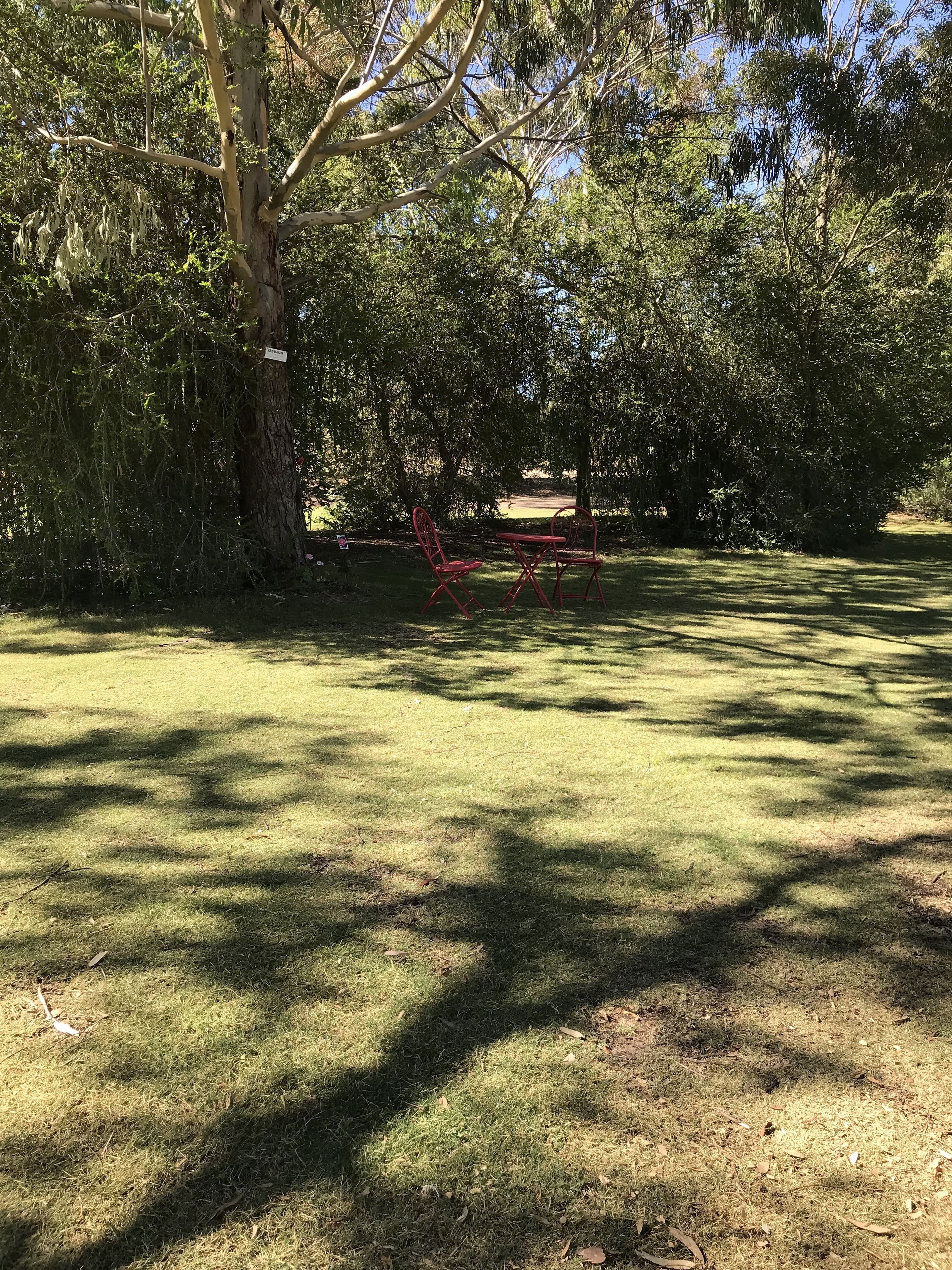 A park with a picnic table and chairs, surrounded by trees and grass.