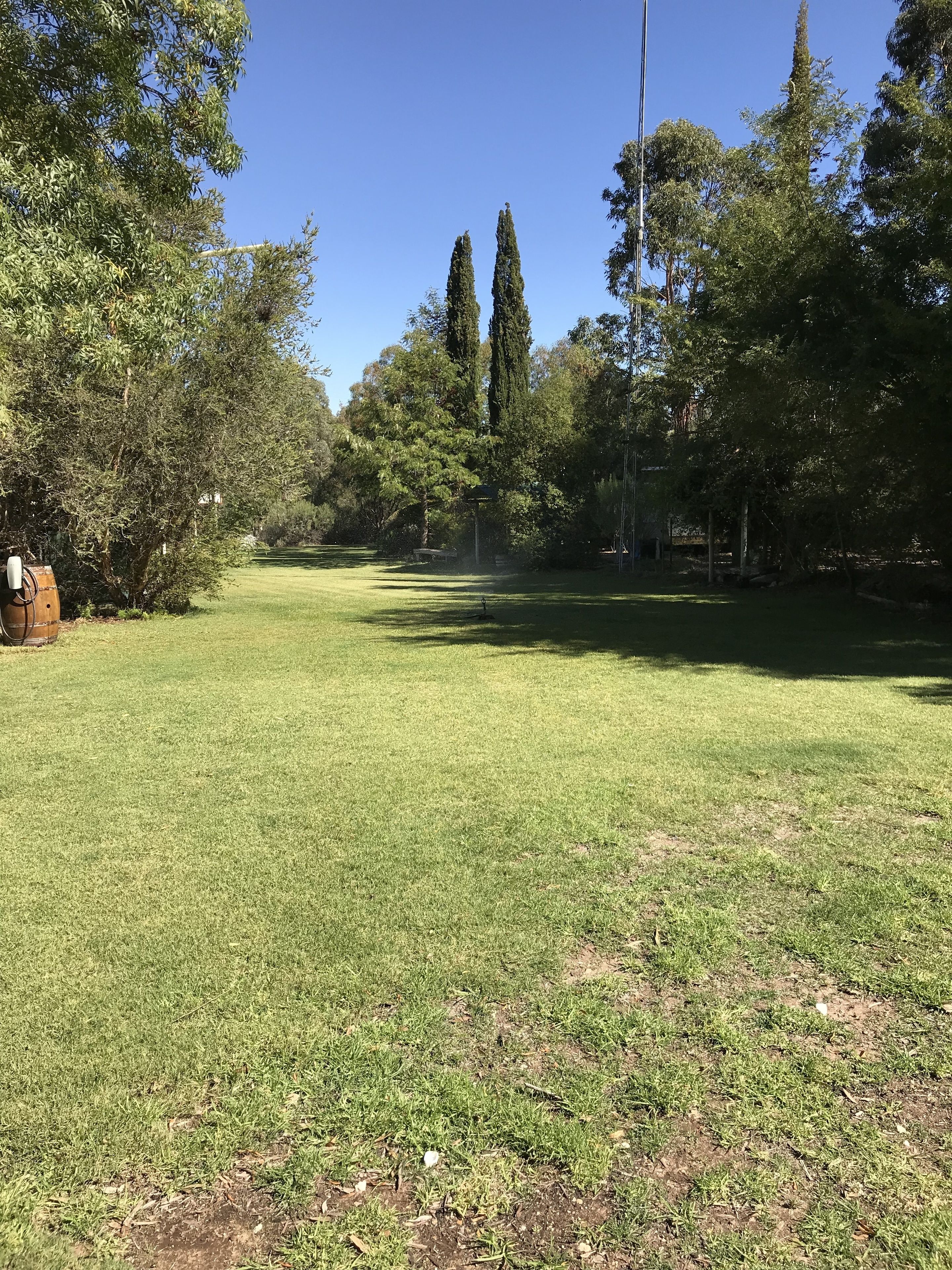 A well-maintained grassy area with trees and a clear sky.