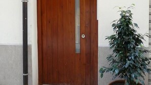 Uma porta de madeira com um painel de vidro jateado, um vaso de planta ao lado e um cano vertical à esquerda.