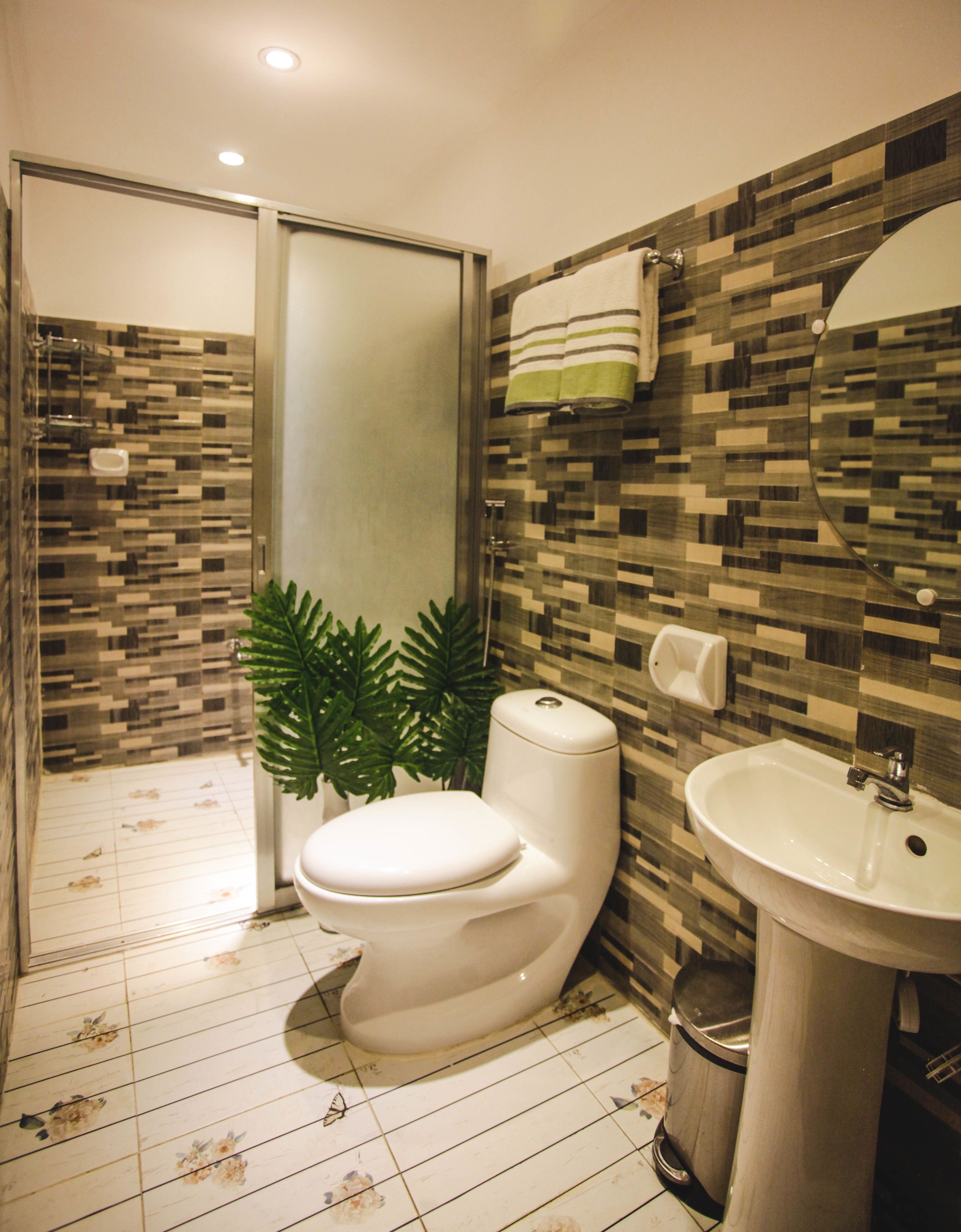 deluxe room | bathroom | shower, hair dryer, bidet, towels