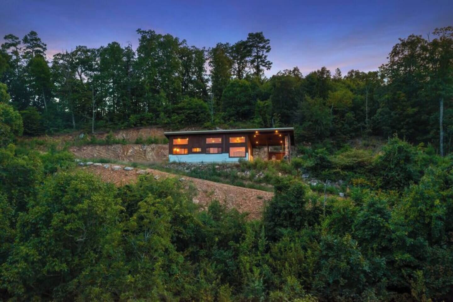 A modern house with a flat roof, surrounded by dense forest.