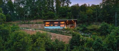 A modern house with a flat roof, surrounded by dense forest.