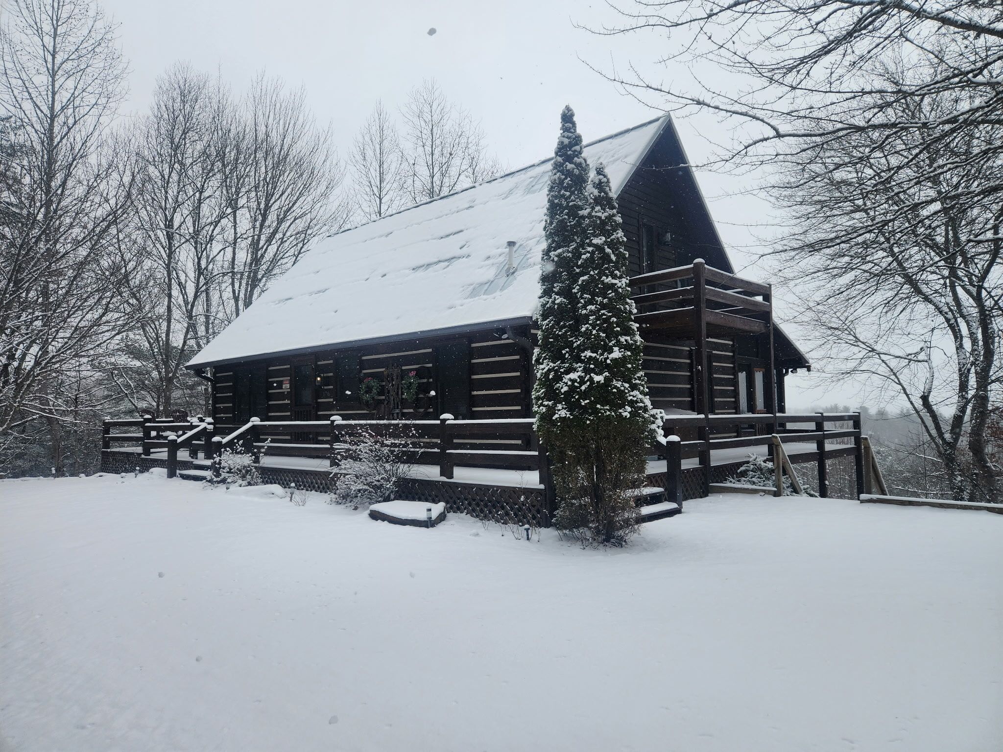 A log cabin with a steep roof, surrounded by snow-covered ground and trees.