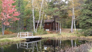 A cabin surrounded by trees and a small pond. - Fisherman's Cove Cabin on Middle Gresham Lake (Boulder Junction)