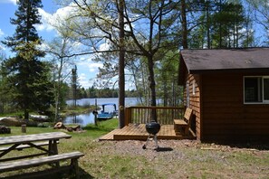 Een chalet met een terras, een barbecue en een picknicktafel.