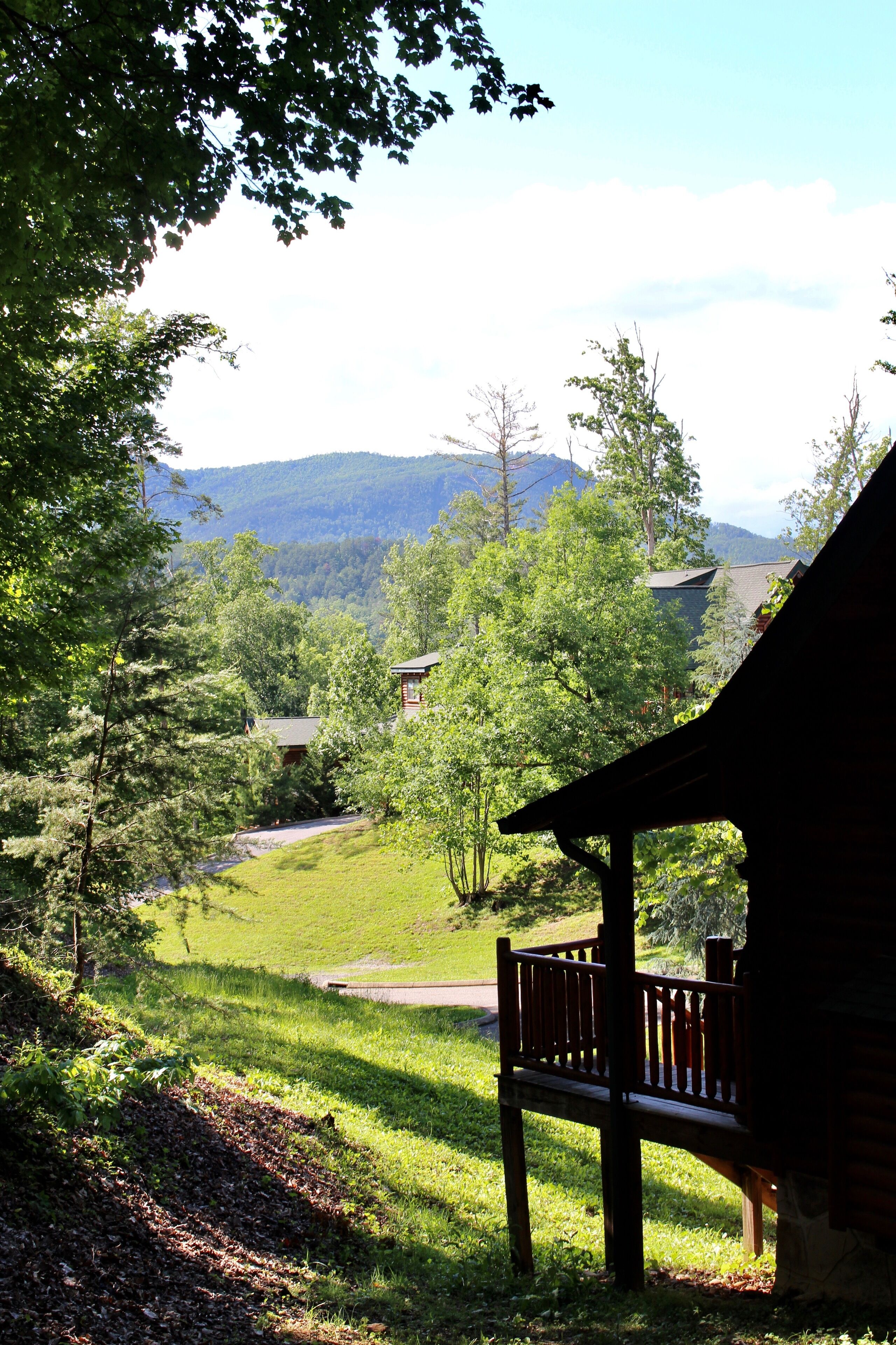Une cabane dotée d’une terrasse offrant une vue sur une vallée verdoyante, avec des arbres et une montagne en arrière-plan.