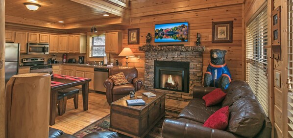 Smart TV, fireplace, video games, DVD player