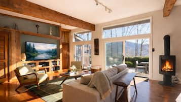 Een smart-tv, een open haard, videogames en een dvd-speler