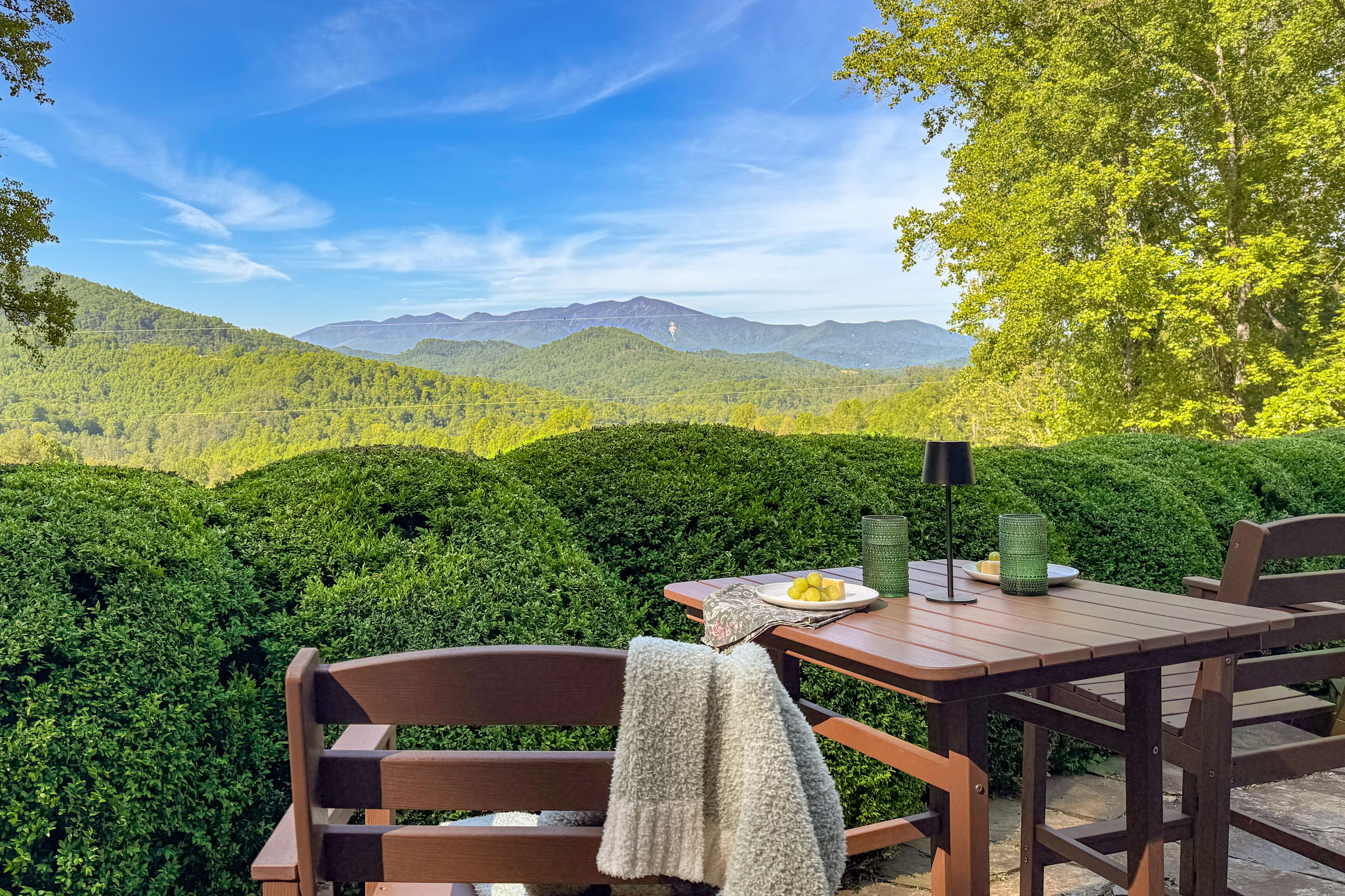 Scenic mountain-view patio perfect for outdoor dining and relaxing