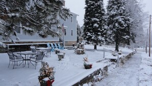 A snow-covered outdoor area with a patio table and chairs, a small Christmas tree, and a snow-covered pathway. - Marine On St Croix Retreat, Unit 1 (Marine On Saint Croi)