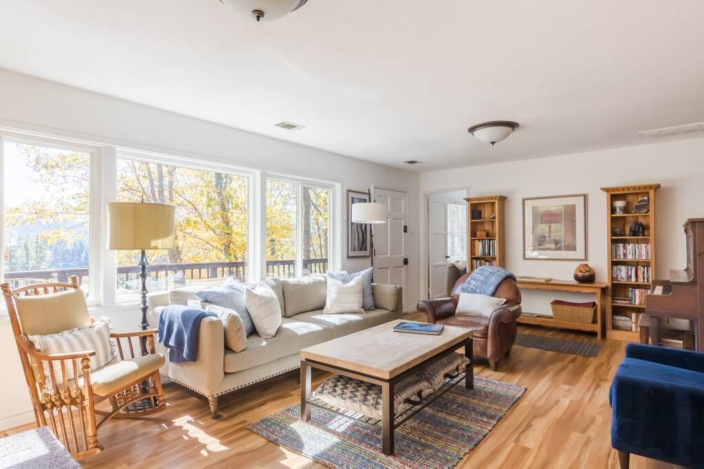 Smart TV, fireplace, books, video library
