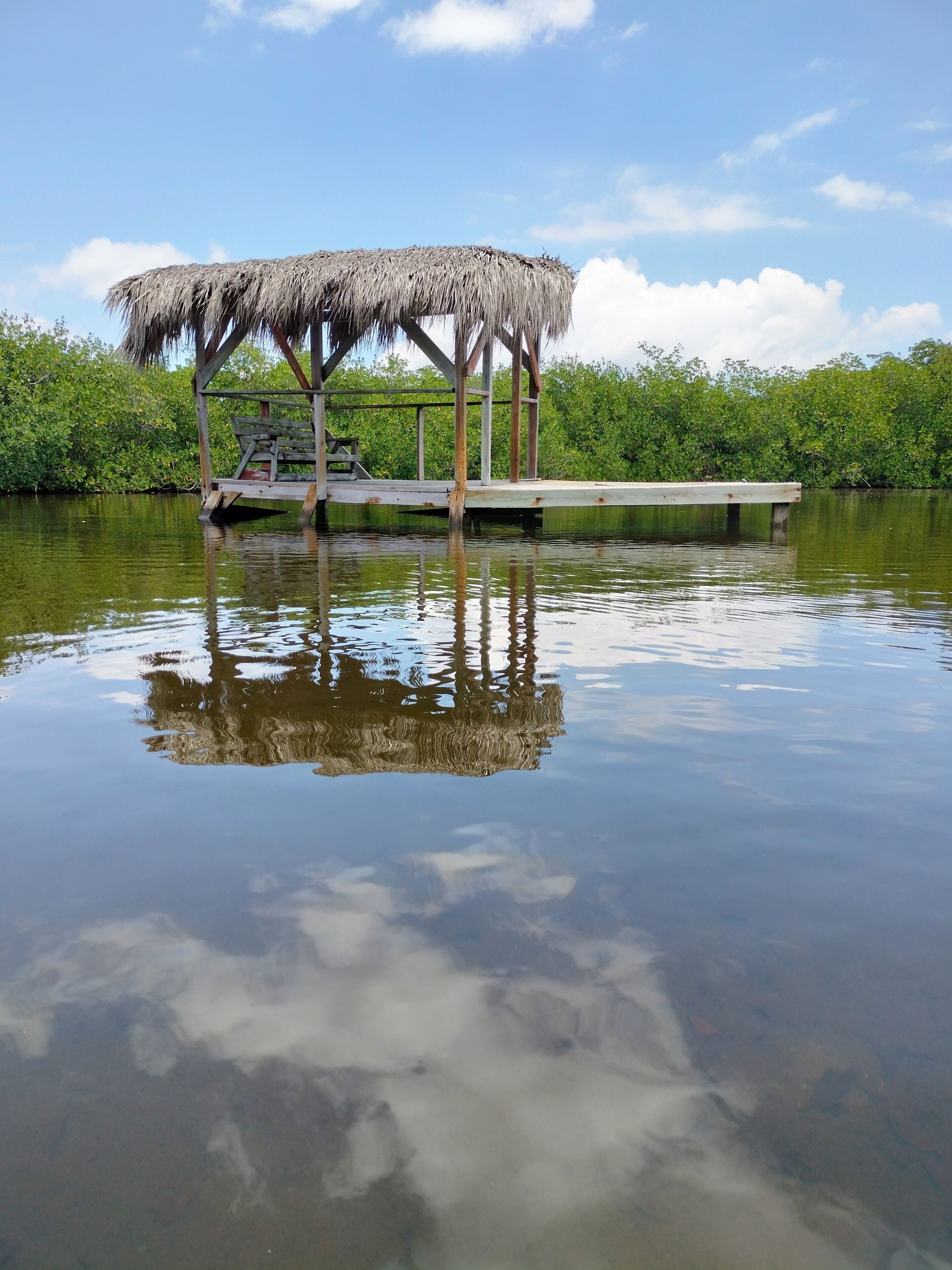 A wooden dock with a thatched roof structure extending into a calm body of water, surrounded by lush greenery.