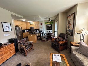 Smart TV, fireplace, DVD player, books